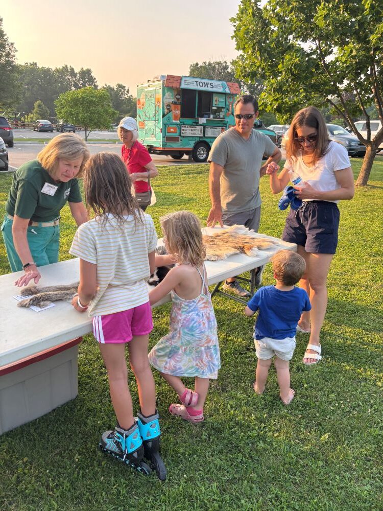 Kids looking at pelts at Music on Mondays